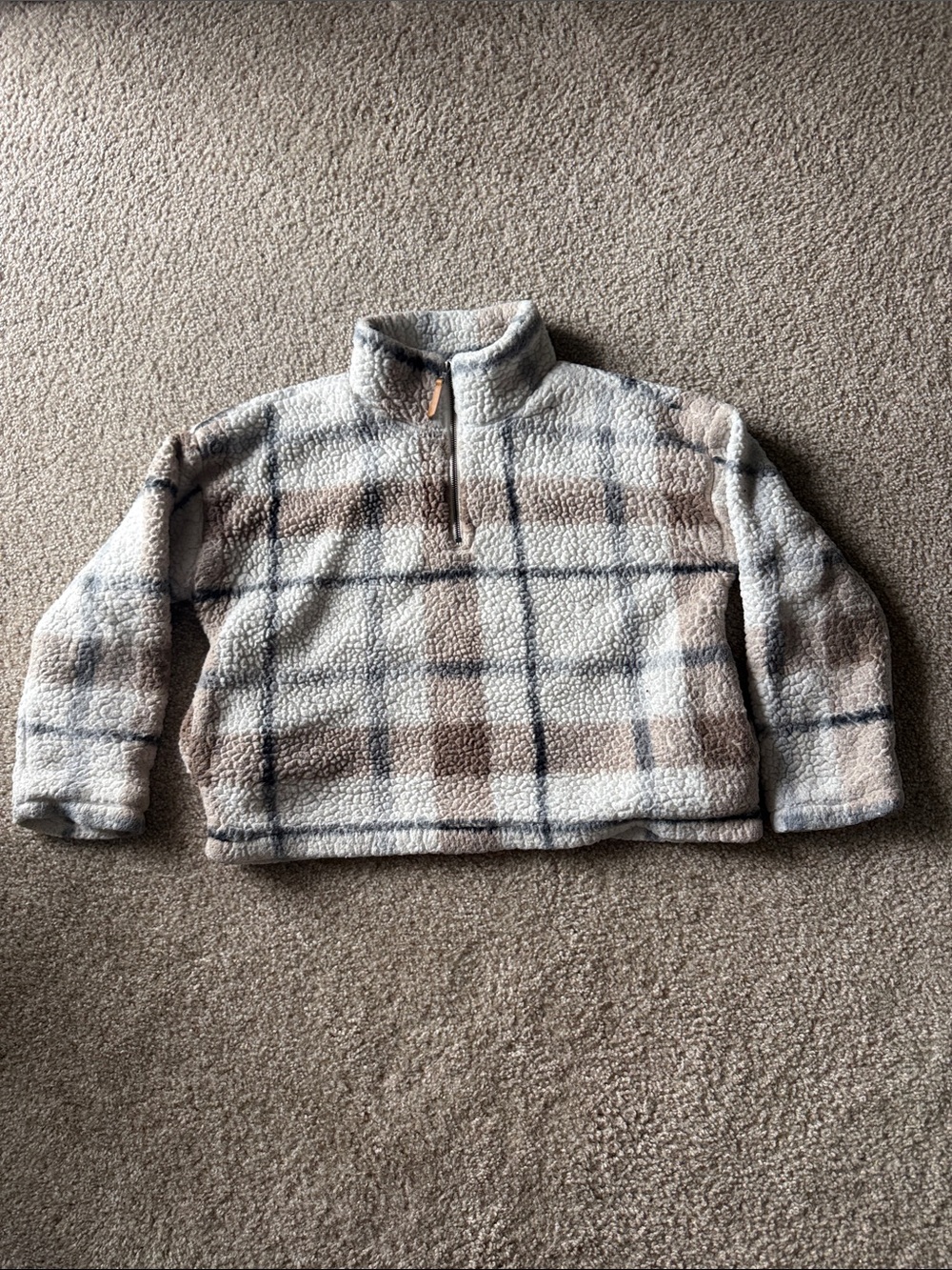Thread & Supply Women’s Cream Plaid Sherpa Half-Zip Jacket w/ Pockets MEDIUM